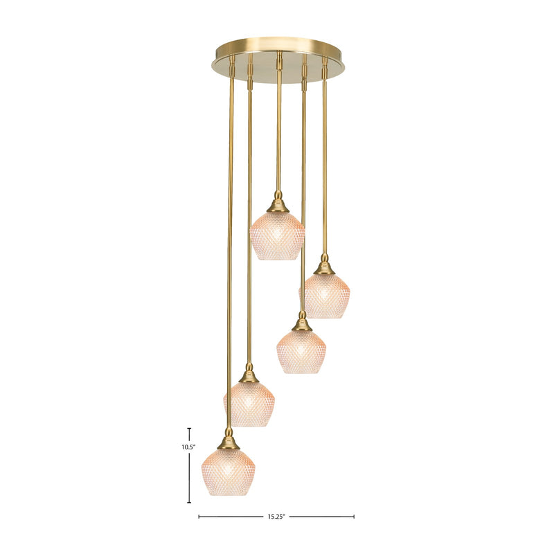 Toltec Empire 15in 5-Light Pendant | Refined New Age Brass Steel and Amber Textured Glass | Kitchen Island & Dining Room | 15.25 x 15.25 x 10.5 in | Model 2145-NAB-4623