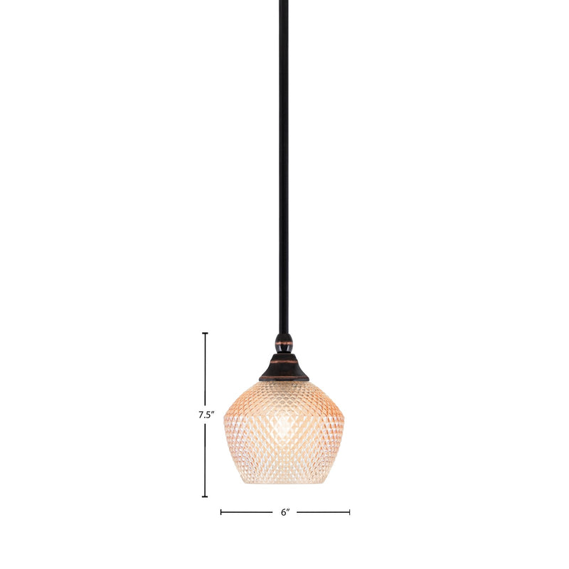 Toltec Stem 6in 1-Light Mini Pendant | Sophisticated Black Copper Steel and Amber Textured Glass | Kitchen Island & Accent Lighting | 6 x 6 x 7.5 in | Model 23-BC-4623