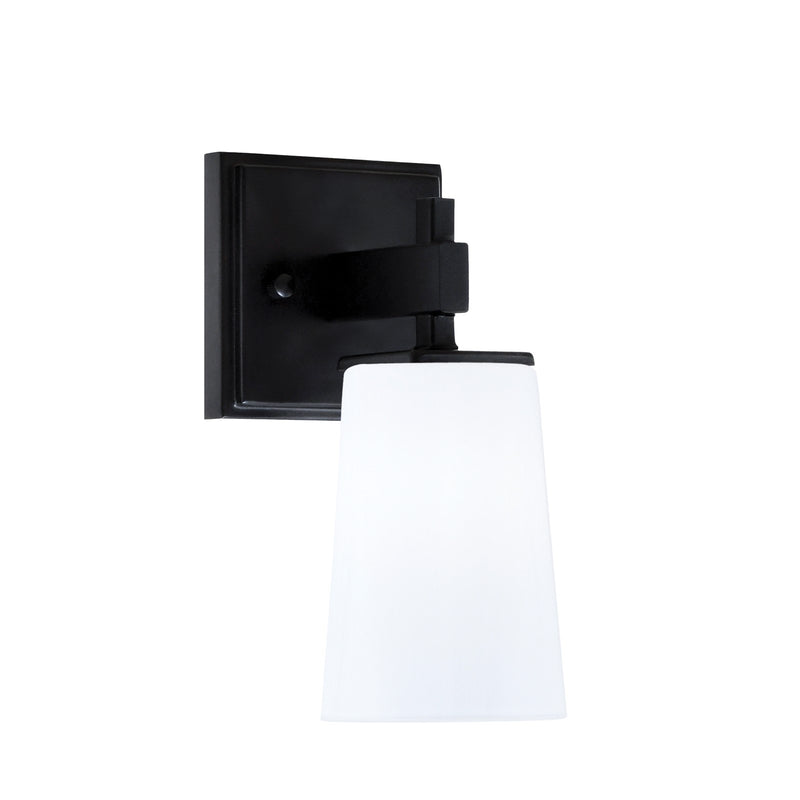 Toltec Corbin 8.75in 1-Light Wall Sconce | Modern Matte Black and White Opal Glass | Bathroom & Hallway | 4.5 x 6.25 x 8.75 in | Model 2311-MB-261