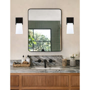 Toltec Corbin 8.75in 1-Light Wall Sconce | Modern Matte Black and White Opal Glass | Bathroom & Hallway | 4.5 x 6.25 x 8.75 in | Model 2311-MB-261