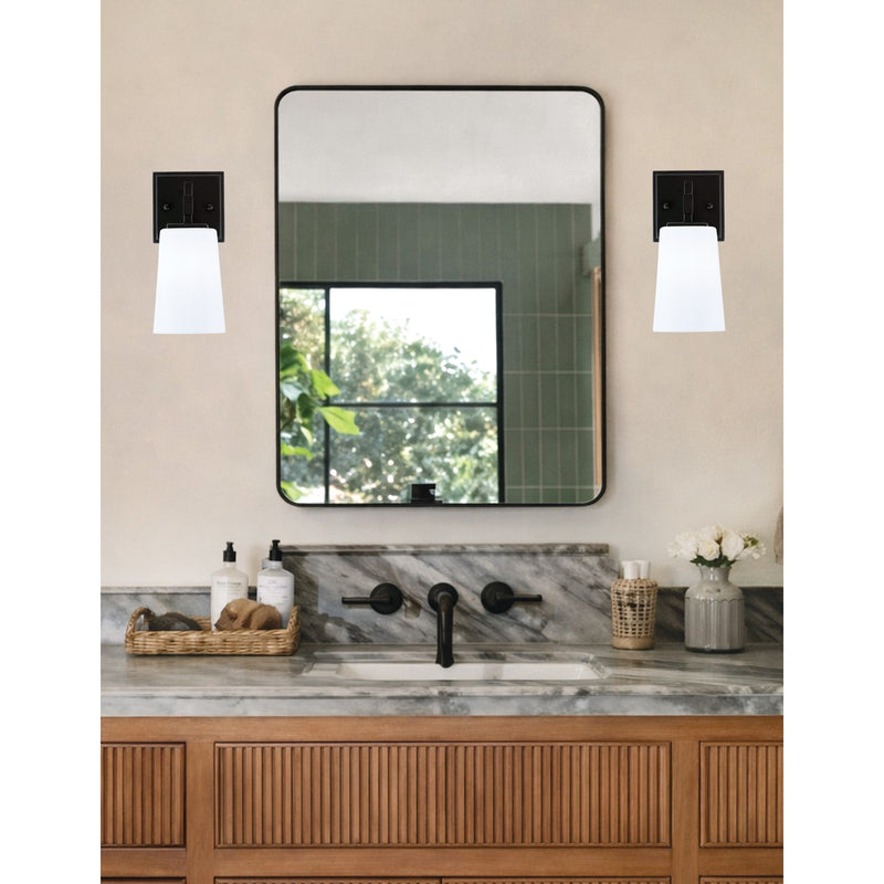 Toltec Corbin 8.75in 1-Light Wall Sconce | Modern Matte Black and White Opal Glass | Bathroom & Hallway | 4.5 x 6.25 x 8.75 in | Model 2311-MB-261