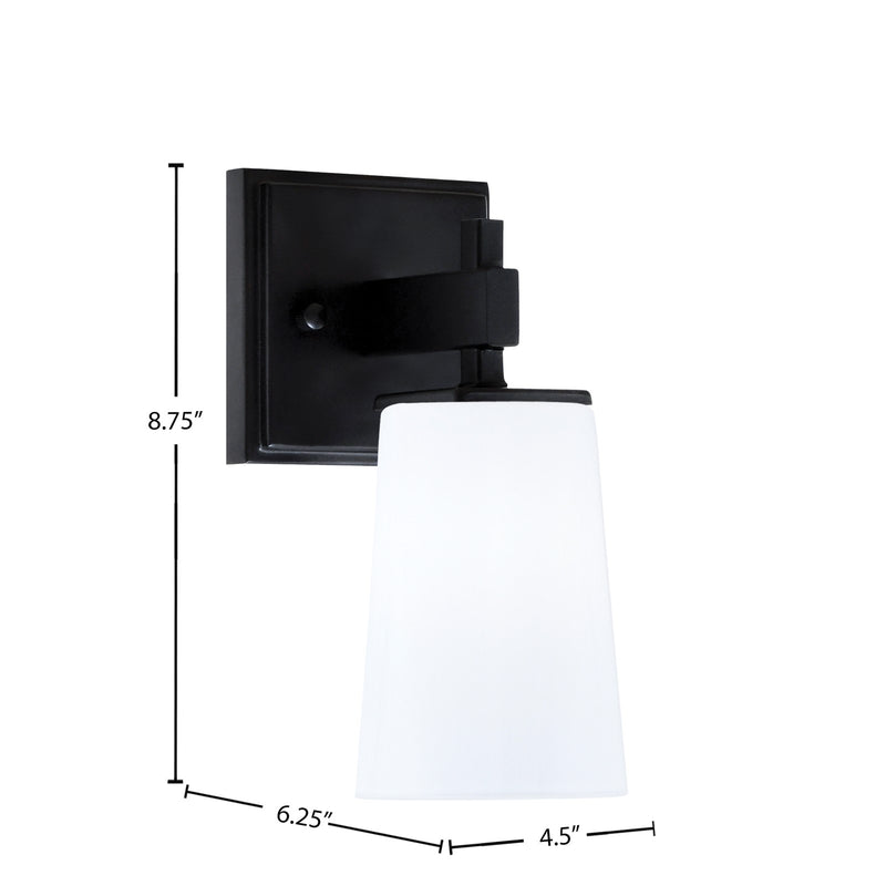 Toltec Corbin 8.75in 1-Light Wall Sconce | Modern Matte Black and White Opal Glass | Bathroom & Hallway | 4.5 x 6.25 x 8.75 in | Model 2311-MB-261