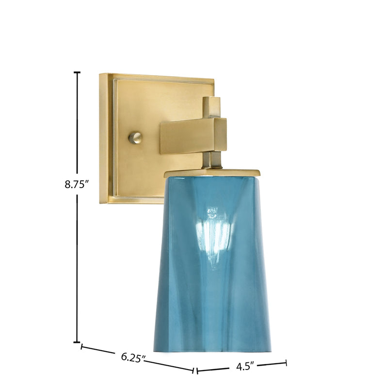 Toltec Corbin 4.5in 1-Light Wall Sconce | Modern New Age Brass and Blue Gradient Glass | Bedroom & Hallway | 4.5 x 6.25 x 8.75 in | Model 2311-NAB-265
