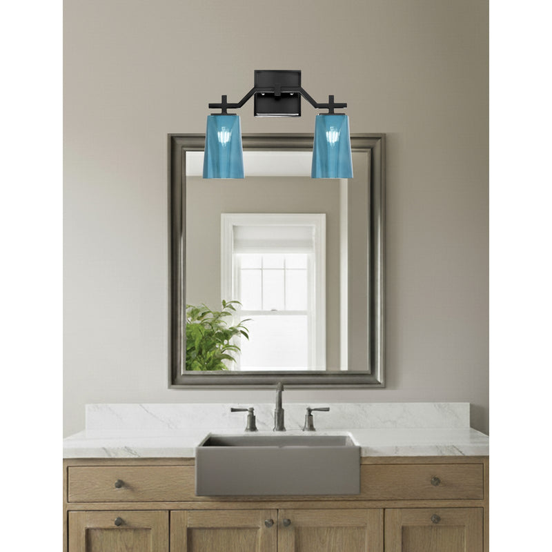 Toltec Corbin 11in 2-Light Bath Bar | Matte Black Steel and Blue Gradient Glass | Bathroom Vanity Light | 5.5 x 11.25 in | Model 2312-MB-265