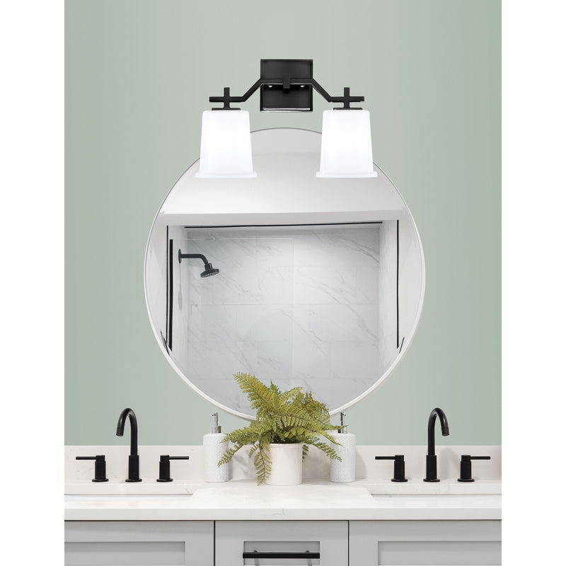 Toltec Corbin 10in 2-Light Bath Bar | Matte Black Steel and White Opal Glass | Bathroom Vanity Light | 5.5 x 10.25 in | Model 2312-MB-5031