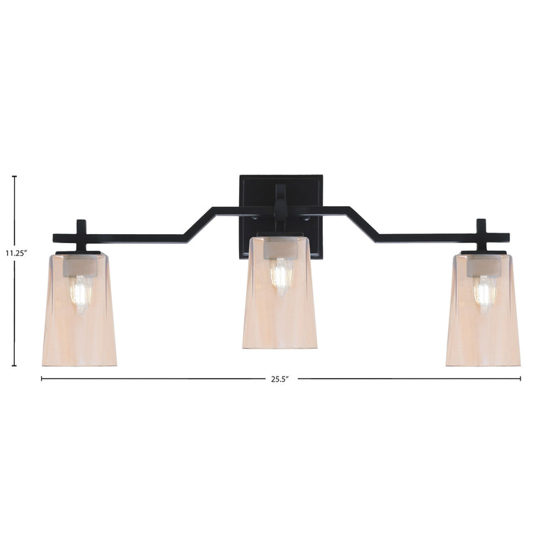 Toltec Corbin 3-Light Bath Bar | Modern Matte Black Steel and Amber Gradient Glass | Bathroom & Powder Room Vanity Light | 5.5 x 11.25 in | Model 2313-MB-263
