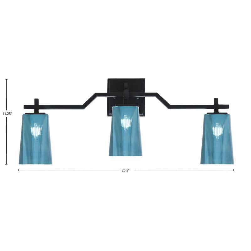 Toltec Corbin 3-Light Bath Bar | Modern Matte Black Steel and Blue Gradient Glass | Bathroom & Powder Room Vanity Light | 5.5 x 11.25 in | Model 2313-MB-265