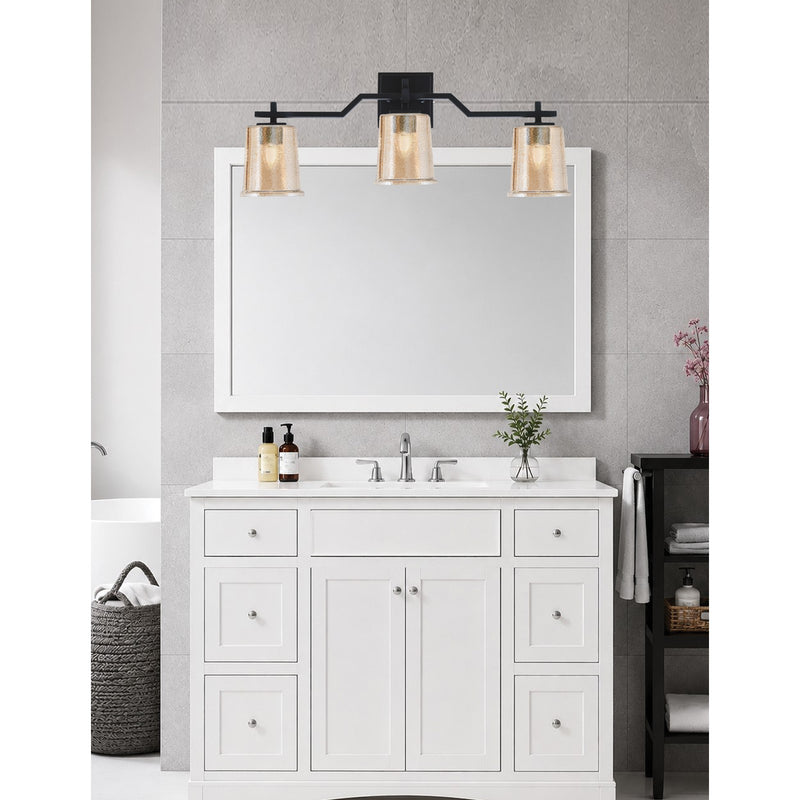 Toltec Corbin 3-Light Bath Bar | Modern Matte Black Steel and Amber Bubble Glass | Bathroom Vanity & Powder Room | 5.5 x 10.25 in | Model 2313-MB-5033