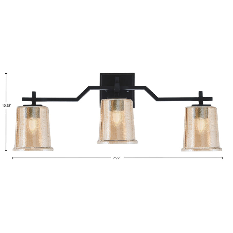 Toltec Corbin 3-Light Bath Bar | Modern Matte Black Steel and Amber Bubble Glass | Bathroom Vanity & Powder Room | 5.5 x 10.25 in | Model 2313-MB-5033