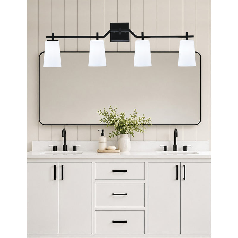 Toltec Corbin 4-Light Bath Bar | Modern Matte Black Steel and White Opal Glass | Bathroom & Vanity Lighting | 5.5 x 11.25 in | Model 2314-MB-261
