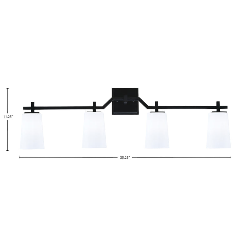 Toltec Corbin 4-Light Bath Bar | Modern Matte Black Steel and White Opal Glass | Bathroom & Vanity Lighting | 5.5 x 11.25 in | Model 2314-MB-261