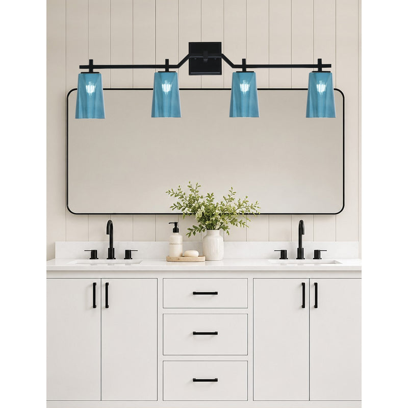 Toltec Corbin 4-Light Bath Bar | Modern Matte Black Steel and Blue Gradient Glass | Bathroom Vanity Light | 5.5 x 11.25 in | Model 2314-MB-265