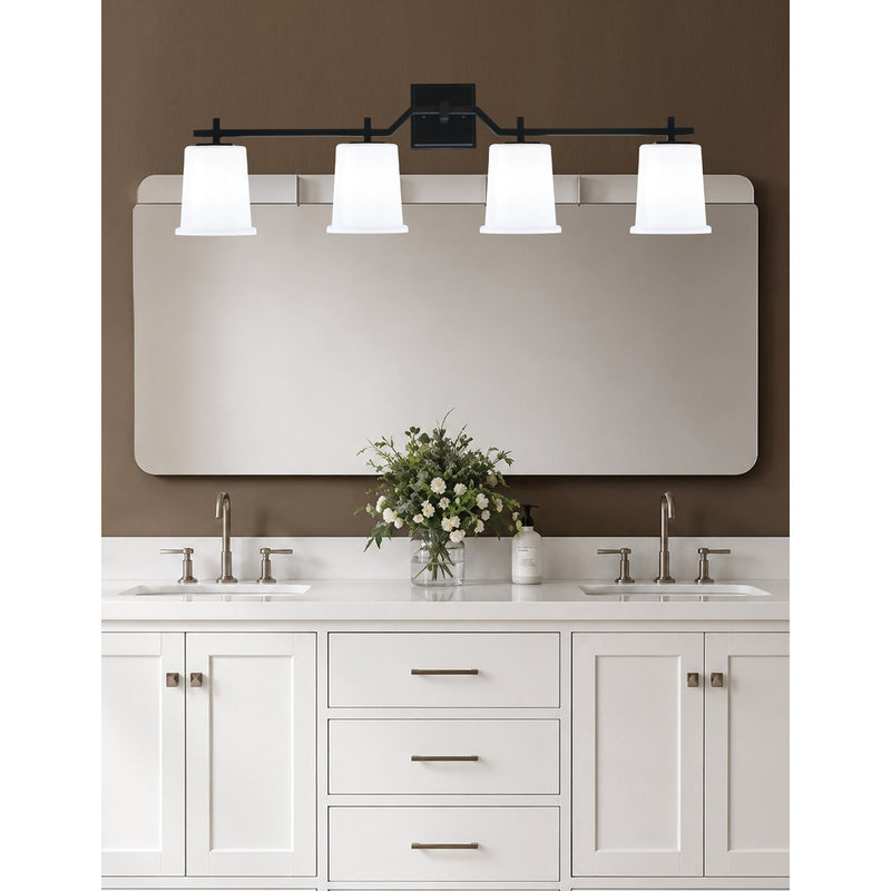 Toltec Corbin 4-Light Bath Bar | Modern Matte Black Steel and White Opal Glass | Bathroom Vanity Light | 5.5 x 10.25 in | Model 2314-MB-5031