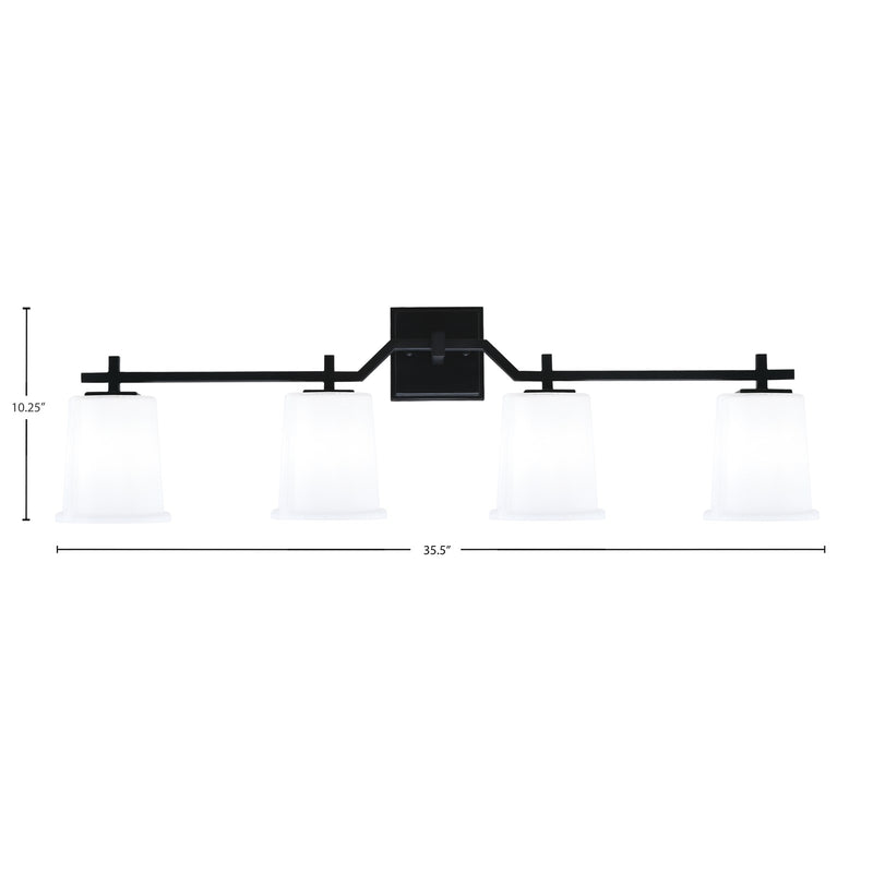 Toltec Corbin 4-Light Bath Bar | Modern Matte Black Steel and White Opal Glass | Bathroom Vanity Light | 5.5 x 10.25 in | Model 2314-MB-5031