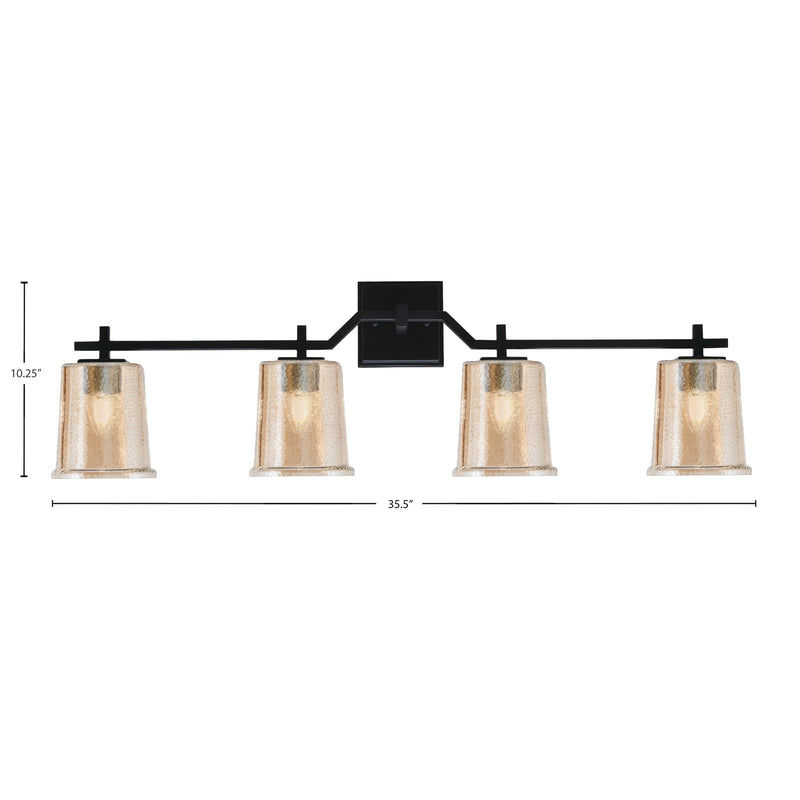 Toltec Corbin 4-Light Bath Bar | Modern Matte Black Steel and Amber Bubble Glass | Bathroom Vanity Light | 5.5 x 10.25 in | Model 2314-MB-5033