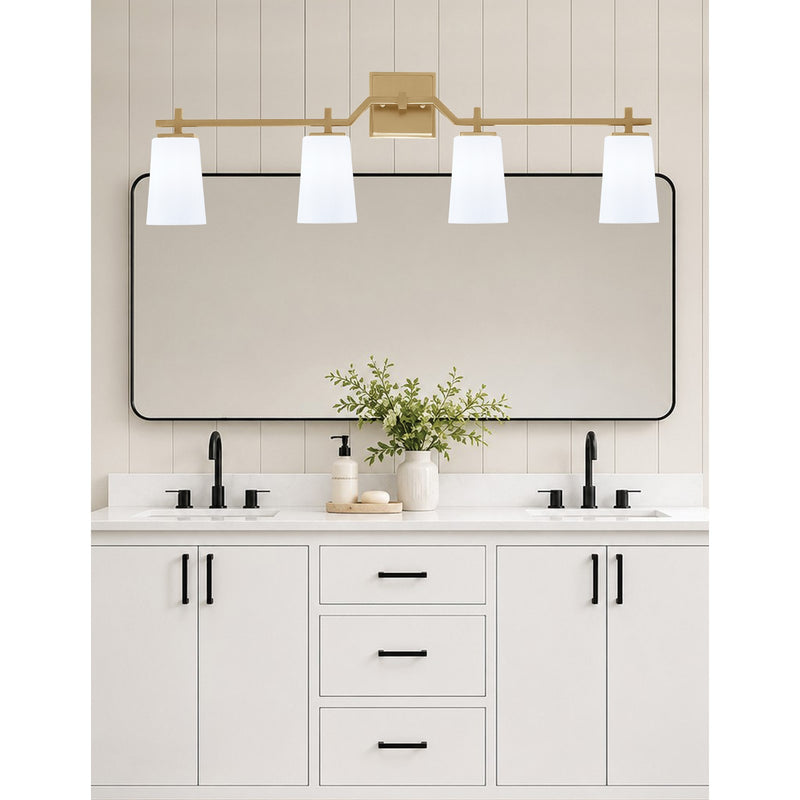 Toltec Corbin 4-Light Bath Bar | Modern New Age Brass Steel and White Opal Glass | Bathroom Vanity Light | 5.5 x 11.25 in | Model 2314-NAB-261