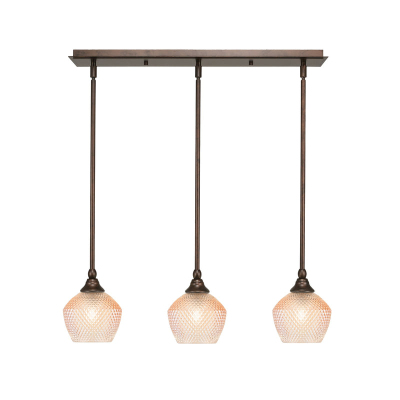 Toltec Stem 26in 3-Light Linear Pendalier | Industrial Bronze Steel and Amber Textured Glass | Kitchen Island & Dining Room | 26 x 6 x 7.25 in | Model 25-BRZ-4623