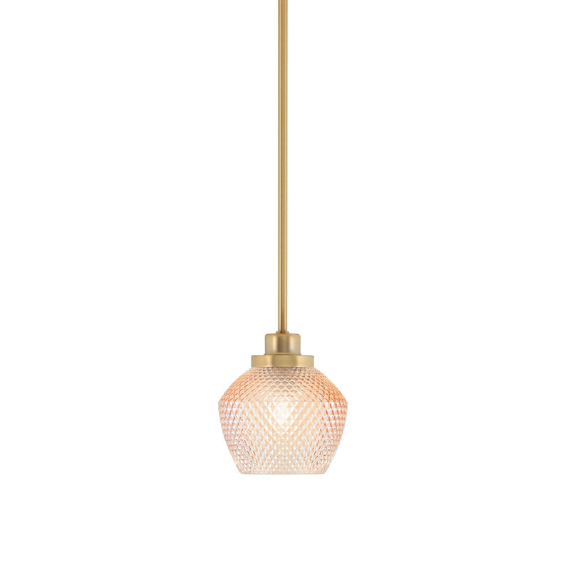 Toltec Odyssey 6in 1-Light Mini Pendant | Industrial New Age Brass Steel and Amber Textured Glass | Kitchen Island & Dining Room | 6 x 6.75 in | Model 2601-NAB-4623