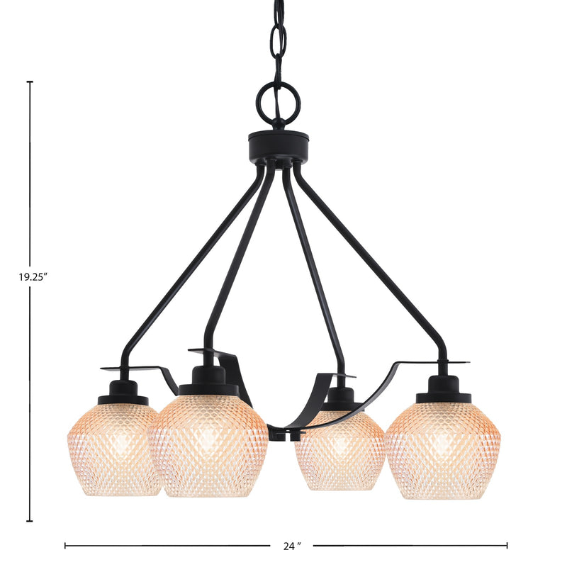 Toltec Odyssey 24in 4-Light Chandelier | Industrial Matte Black Steel and Amber Textured Glass | Dining Room & Living Room | 24 x 19.25 in | Model 2604-MB-4623