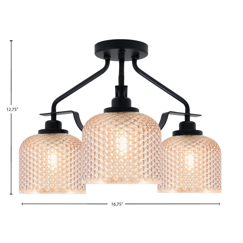 Toltec Odyssey 17in 3-Light Semi-Flush | Modern Matte Black Steel and Amber Textured Glass | Hallway & Entryway | 16.75 x 12.75 in | Model 2607-MB-4613