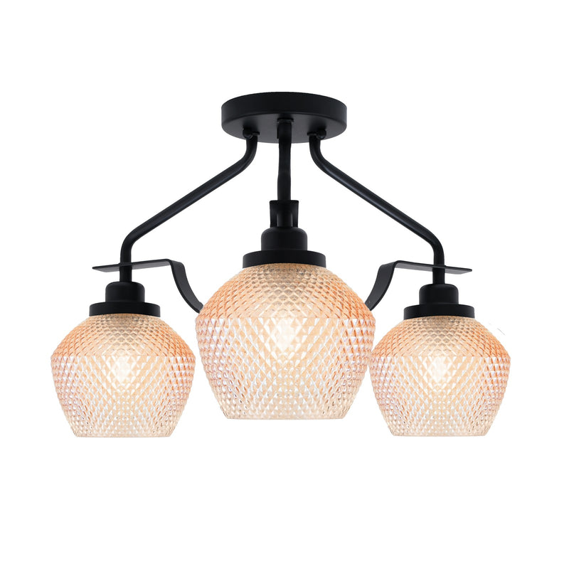 Toltec Odyssey 16.75in 3-Light Semi-Flush | Industrial Matte Black Steel and Amber Textured Glass | Hallway & Bedroom | 16.75 x 12.75 in | Model 2607-MB-4623