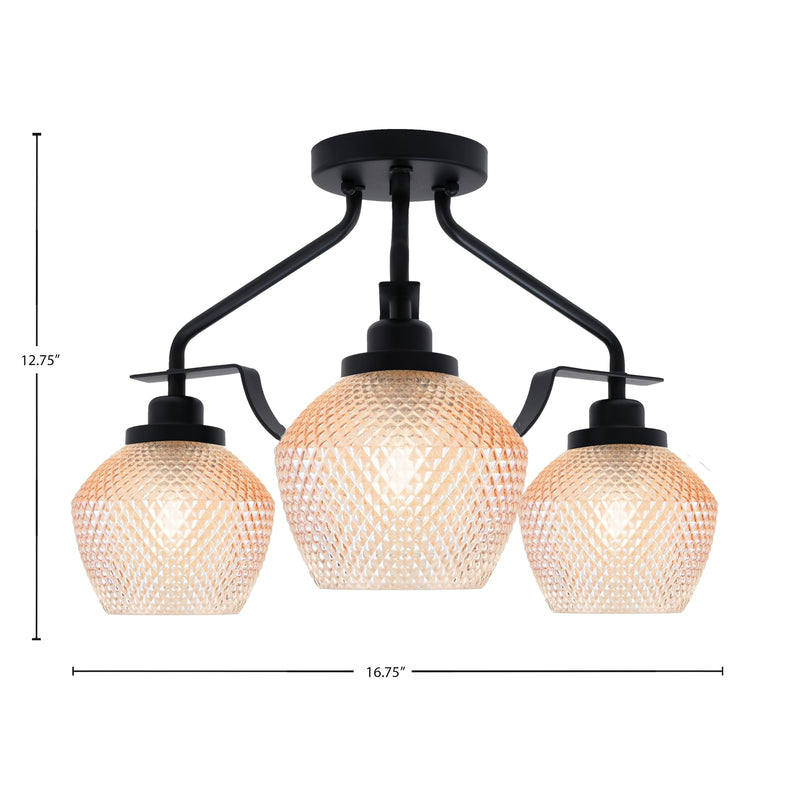 Toltec Odyssey 16.75in 3-Light Semi-Flush | Industrial Matte Black Steel and Amber Textured Glass | Hallway & Bedroom | 16.75 x 12.75 in | Model 2607-MB-4623