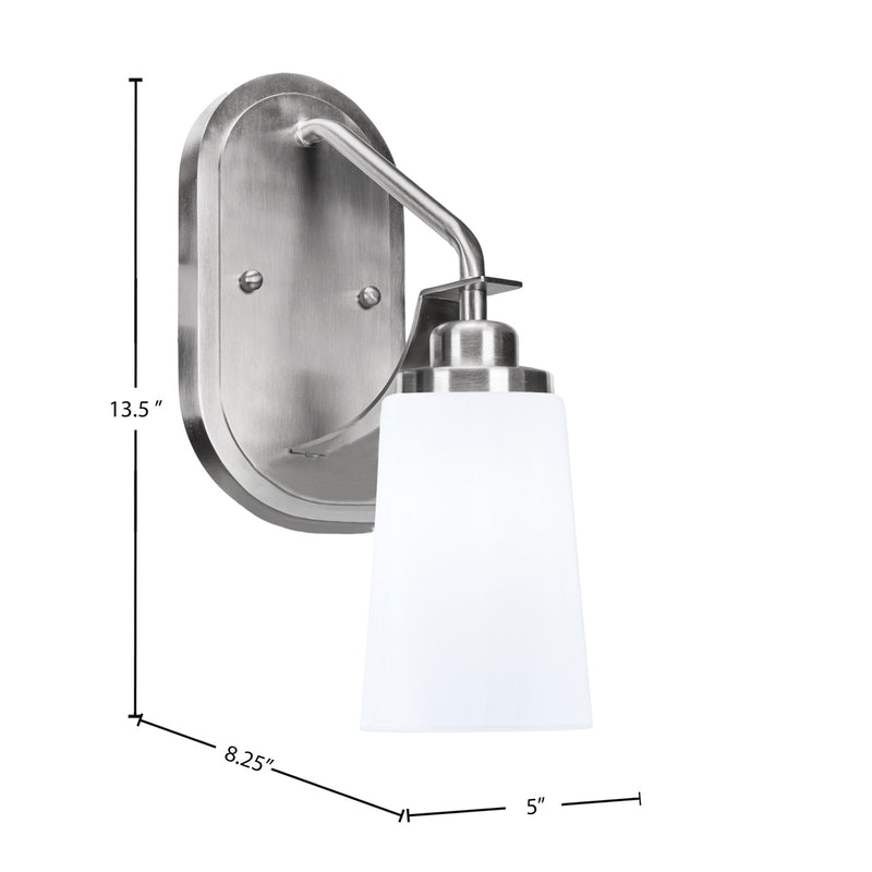 Toltec Odyssey 13.5in 1-Light Wall Sconce | Brushed Nickel and White Opal Glass | Bathroom & Hallway | 5 x 8.25 x 13.5 in | Model 2611-BN-261