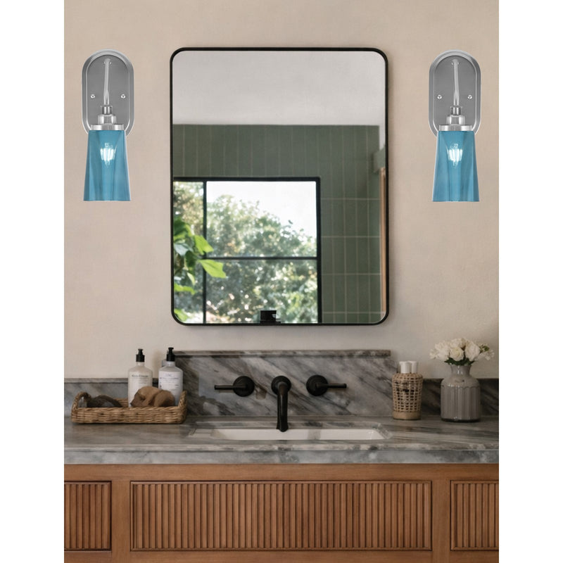 Toltec Odyssey 13.5in 1-Light Wall Sconce | Modern Brushed Nickel and Blue Gradient Glass | Bedroom & Hallway | 5 x 8.25 x 13.5 in | Model 2611-BN-265