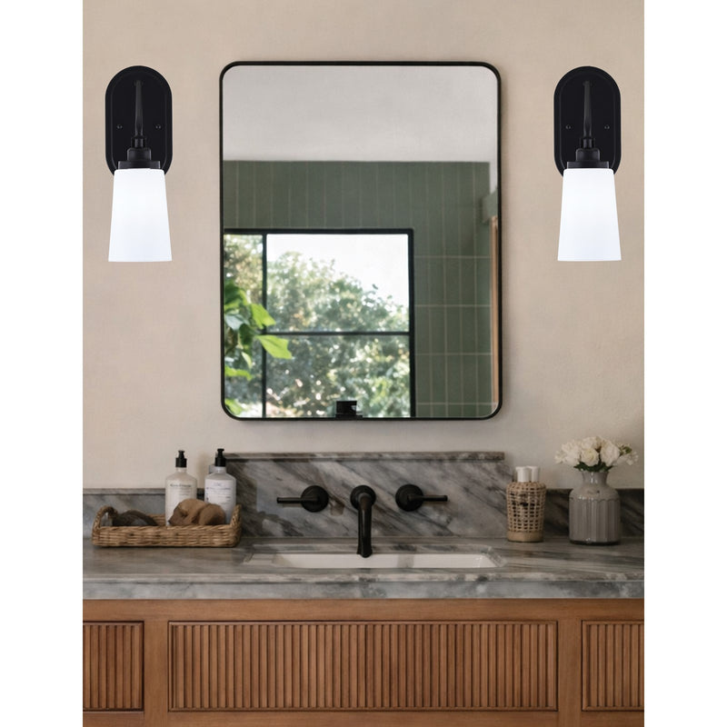 Toltec Odyssey 1-Light Wall Sconce | Matte Black and White Opal Glass | Bedroom & Hallway Accent Light | 5 x 8.25 x 13.5 in | Model 2611-MB-261
