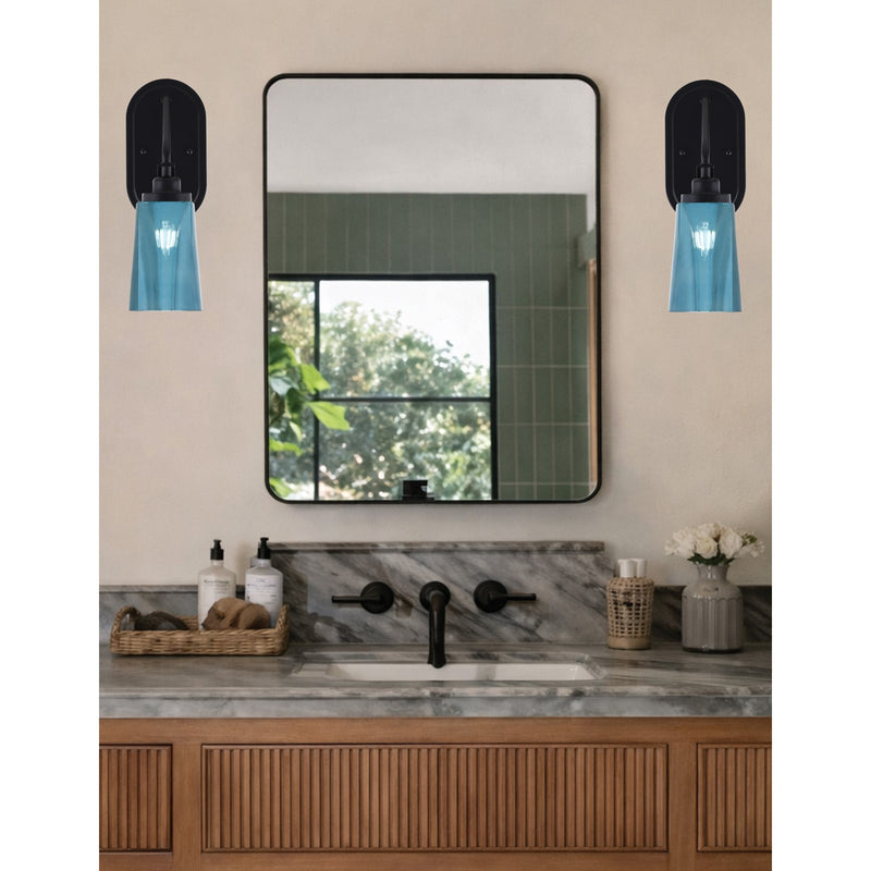 Toltec Odyssey 13.5in 1-Light Wall Sconce | Modern Matte Black and Blue Gradient Glass | Bedroom & Hallway | 5 x 8.25 x 13.5 in | Model 2611-MB-265