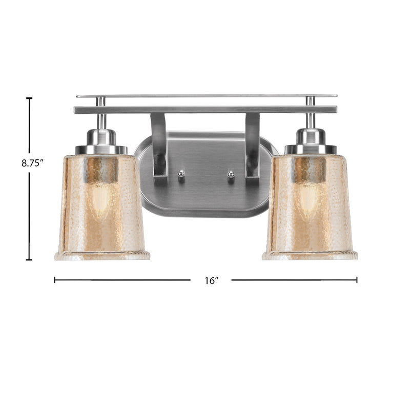 Toltec Odyssey 2-Light Bath Bar | Modern Brushed Nickel and Amber Bubble Glass | Bathroom Vanity & Powder Room | 7.5 x 8.75 in | Model 2612-BN-5033