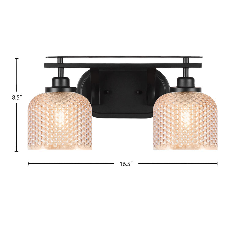 Toltec Odyssey 2-Light Bath Bar | Modern Matte Black Steel and Amber Textured Glass | Bathroom Vanity | 16.5 x 8.5 x 8 in | Model 2612-MB-4613