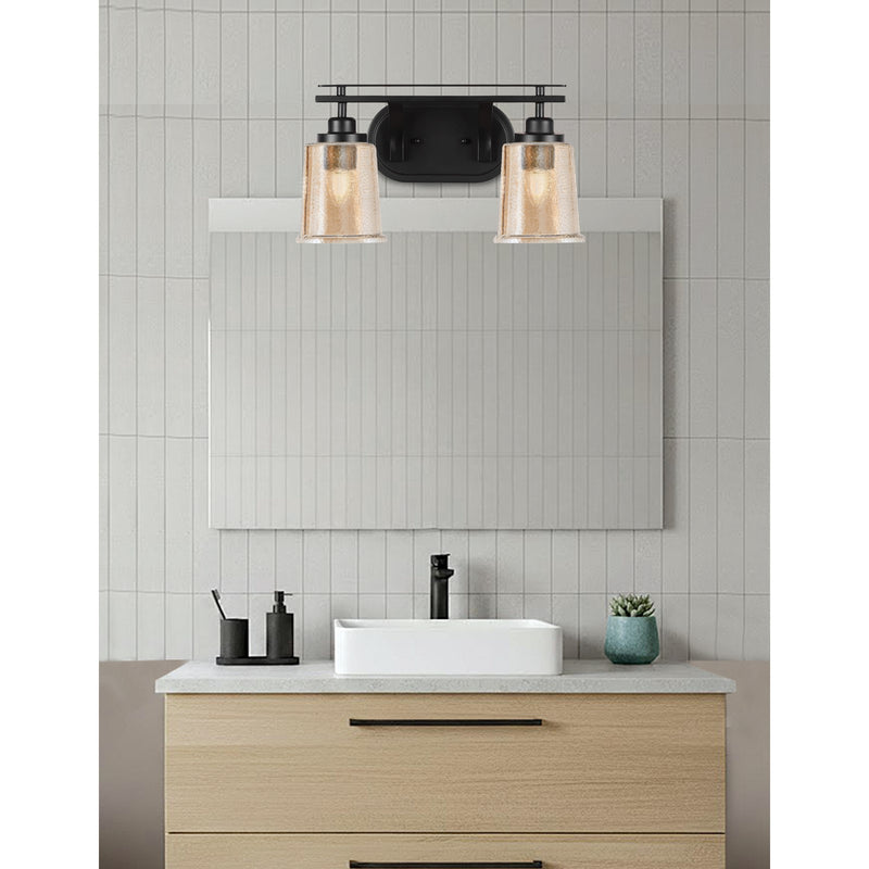 Toltec Odyssey 2-Light Bath Bar | Modern Matte Black Steel and Amber Bubble Glass | Bathroom Vanity & Powder Room | 7.5 x 8.75 in | Model 2612-MB-5033