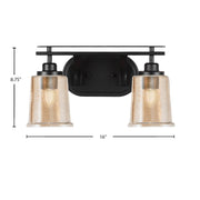 Toltec Odyssey 2-Light Bath Bar | Modern Matte Black Steel and Amber Bubble Glass | Bathroom Vanity & Powder Room | 7.5 x 8.75 in | Model 2612-MB-5033