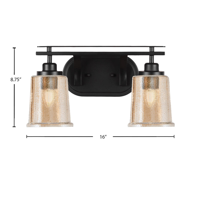 Toltec Odyssey 2-Light Bath Bar | Modern Matte Black Steel and Amber Bubble Glass | Bathroom Vanity & Powder Room | 7.5 x 8.75 in | Model 2612-MB-5033