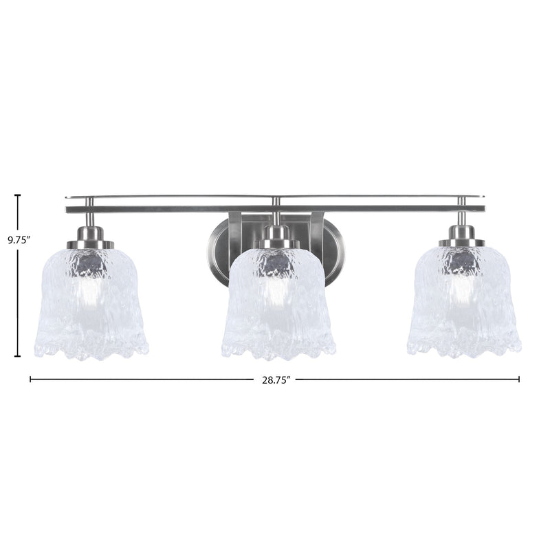 Toltec Odyssey 3-Light Bath Bar | Modern Brushed Nickel Steel and Clear Textured Glass | Bathroom Vanity & Powder Room | 8 x 9.75 in | Model 2613-BN-4230