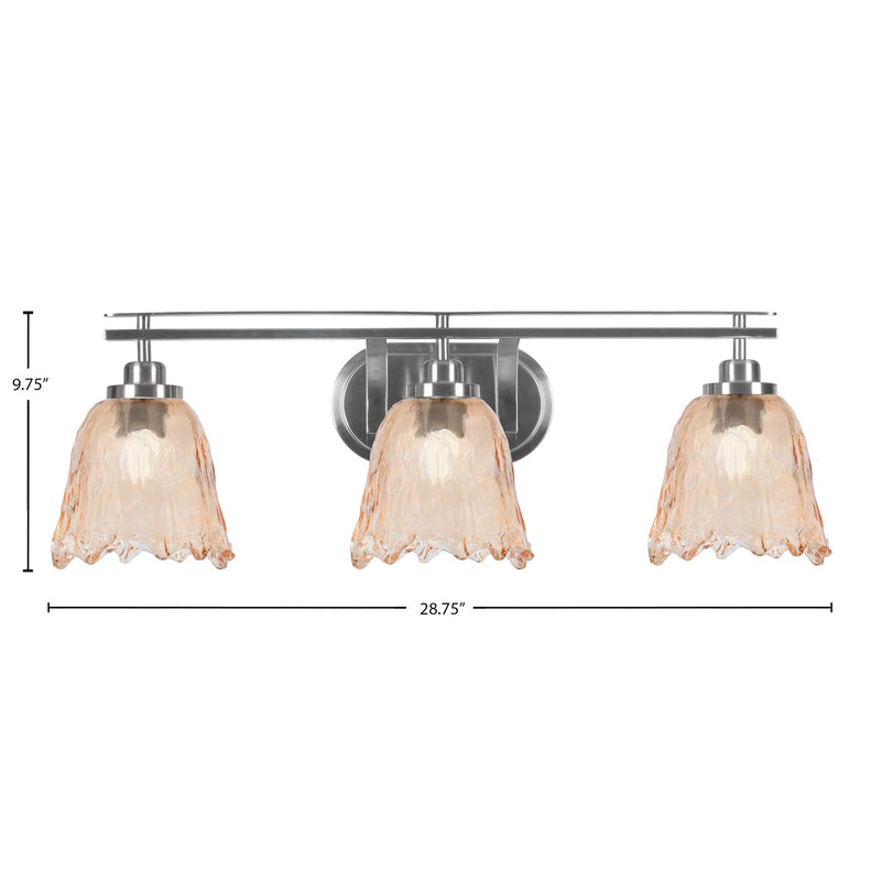 Toltec Odyssey 3-Light Bath Bar | Modern Brushed Nickel Steel and Amber Textured Glass | Bathroom Vanity & Powder Room | 8 x 9.75 in | Model 2613-BN-4233