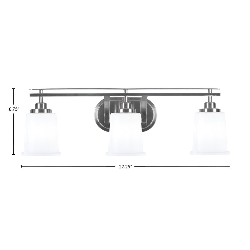 Toltec Odyssey 3-Light Bath Bar | Modern Brushed Nickel Steel and White Opal Glass | Bathroom Vanity & Powder Room | 7.5 x 8.75 in | Model 2613-BN-5031