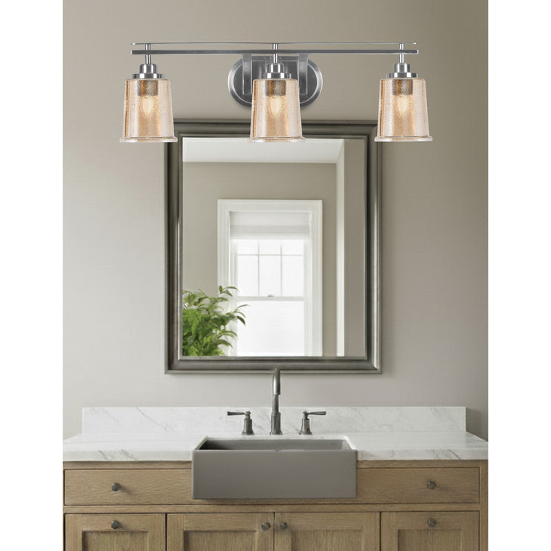 Toltec Odyssey 3-Light Bath Bar | Modern Brushed Nickel and Amber Bubble Glass | Bathroom Vanity & Powder Room | 7.5 x 8.75 in | Model 2613-BN-5033