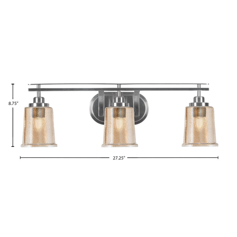 Toltec Odyssey 3-Light Bath Bar | Modern Brushed Nickel and Amber Bubble Glass | Bathroom Vanity & Powder Room | 7.5 x 8.75 in | Model 2613-BN-5033