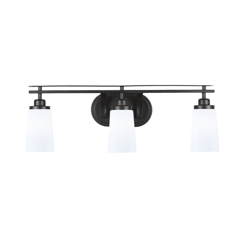 Toltec Odyssey 3-Light Bath Bar | Modern Matte Black and White Opal Glass | Bathroom Vanity & Powder Room | 7.25 x 9.75 in | Model 2613-MB-261