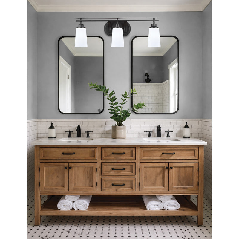 Toltec Odyssey 3-Light Bath Bar | Modern Matte Black and White Opal Glass | Bathroom Vanity & Powder Room | 7.25 x 9.75 in | Model 2613-MB-261