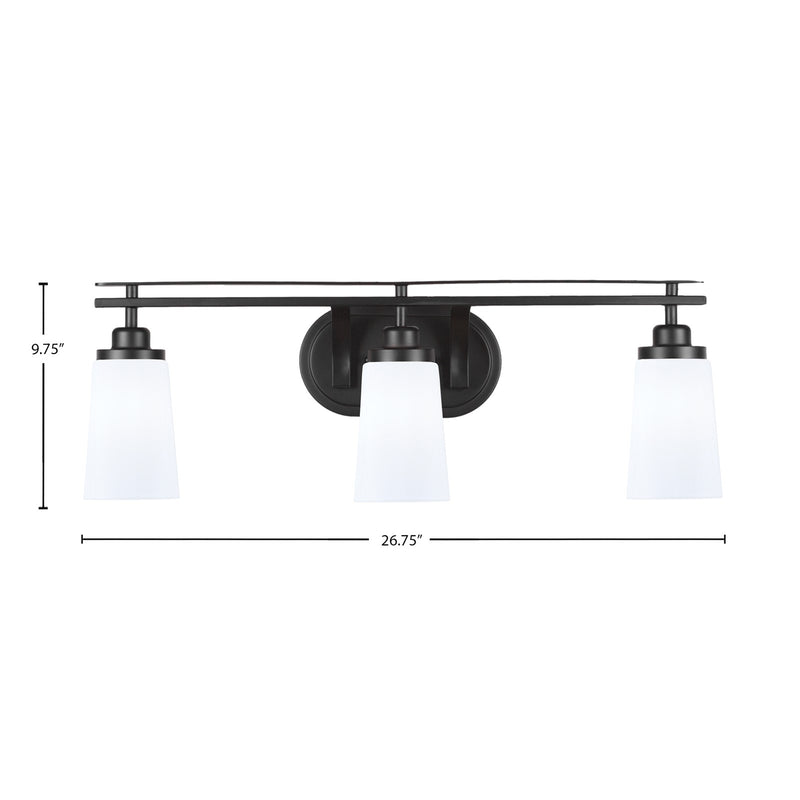 Toltec Odyssey 3-Light Bath Bar | Modern Matte Black and White Opal Glass | Bathroom Vanity & Powder Room | 7.25 x 9.75 in | Model 2613-MB-261