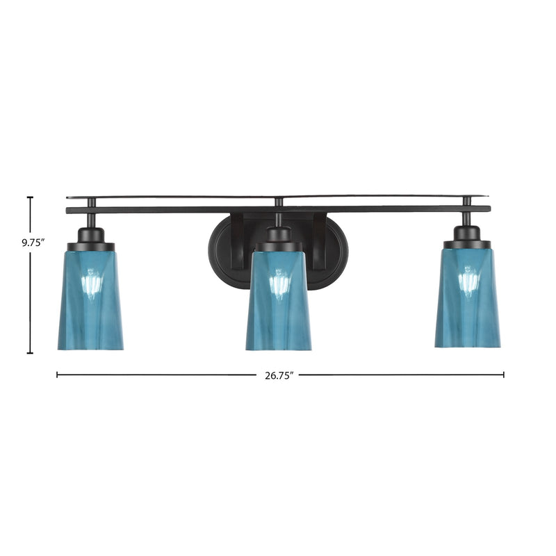 Toltec Odyssey 3-Light Bath Bar | Modern Matte Black Steel and Blue Gradient Glass | Bathroom Vanity & Powder Room | 7.25 x 9.75 in | Model 2613-MB-265