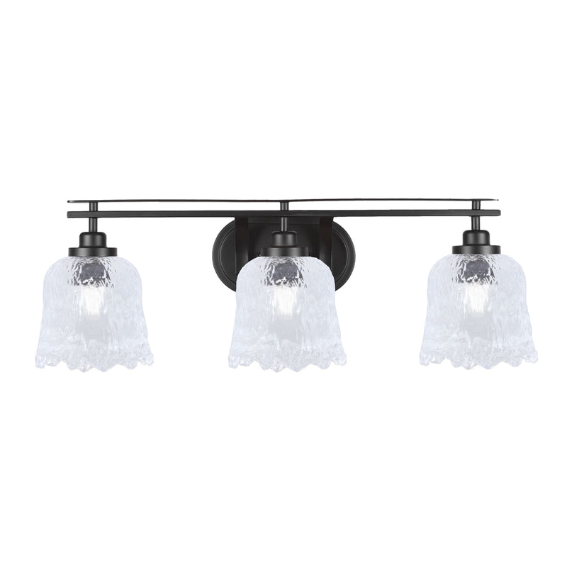 Toltec Odyssey 3-Light Bath Bar | Modern Matte Black Steel and Clear Textured Glass | Bathroom Vanity & Powder Room | 8 x 9.75 in | Model 2613-MB-4230