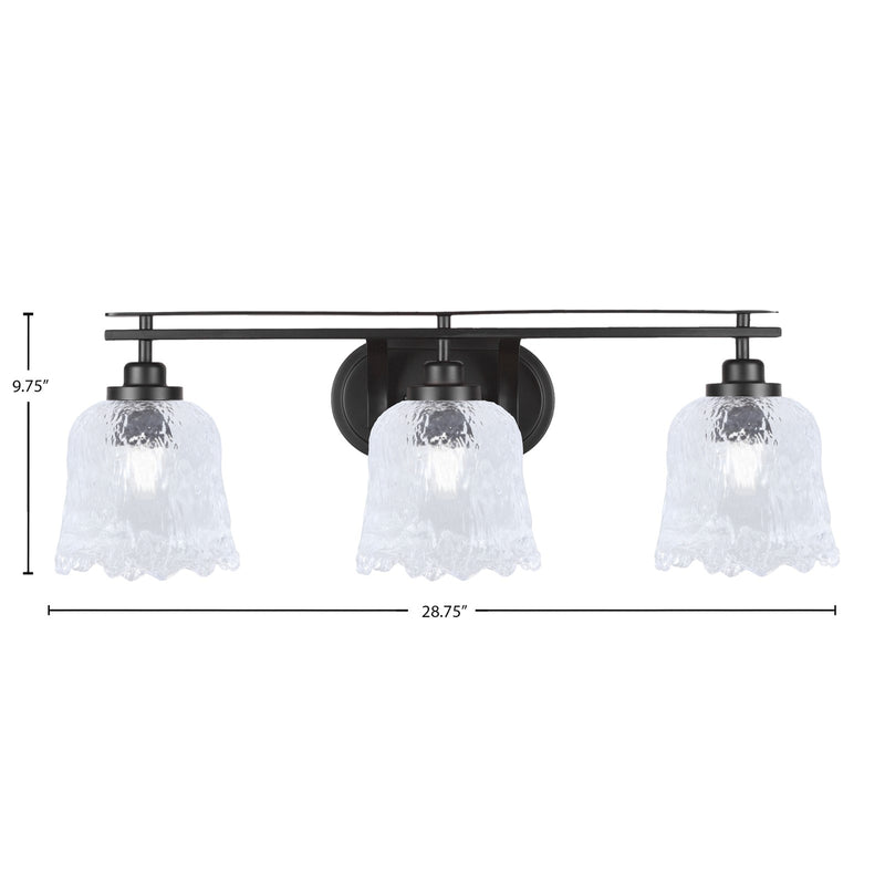 Toltec Odyssey 3-Light Bath Bar | Modern Matte Black Steel and Clear Textured Glass | Bathroom Vanity & Powder Room | 8 x 9.75 in | Model 2613-MB-4230