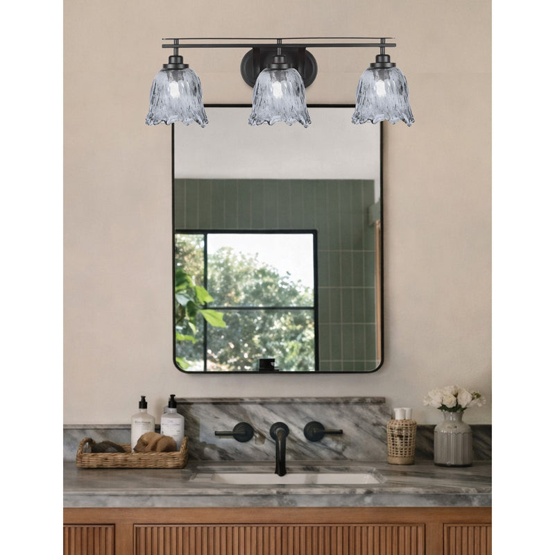 Toltec Odyssey 3-Light Bath Bar | Modern Matte Black Steel and Smoke Textured Glass | Bathroom Vanity & Powder Room | 8 x 9.75 in | Model 2613-MB-4232