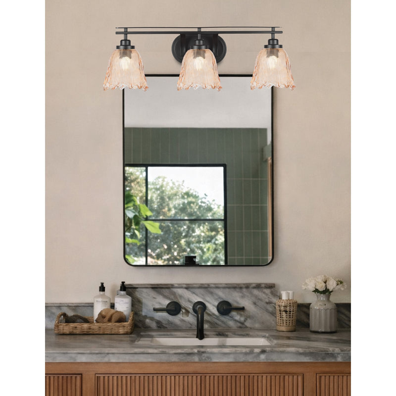 Toltec Odyssey 3-Light Bath Bar | Modern Matte Black Steel and Amber Lava Glass | Bathroom Vanity & Powder Room | 8 x 9.75 in | Model 2613-MB-4233