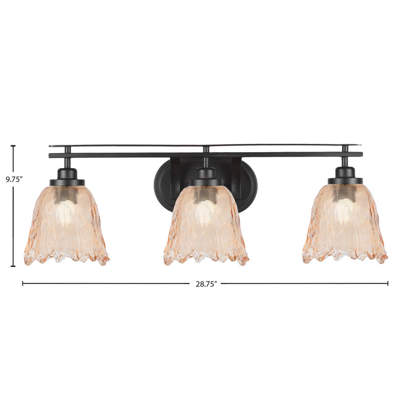 Toltec Odyssey 3-Light Bath Bar | Modern Matte Black Steel and Amber Lava Glass | Bathroom Vanity & Powder Room | 8 x 9.75 in | Model 2613-MB-4233