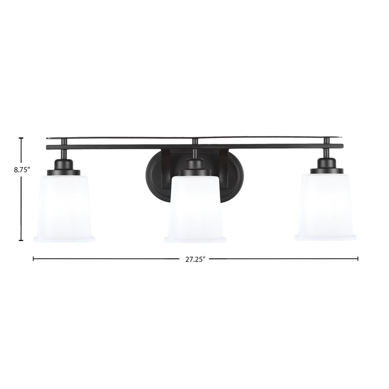 Toltec Odyssey 3-Light Bath Bar | Modern Matte Black Steel and White Opal Glass | Bathroom Vanity & Powder Room | 7.5 x 8.75 in | Model 2613-MB-5031